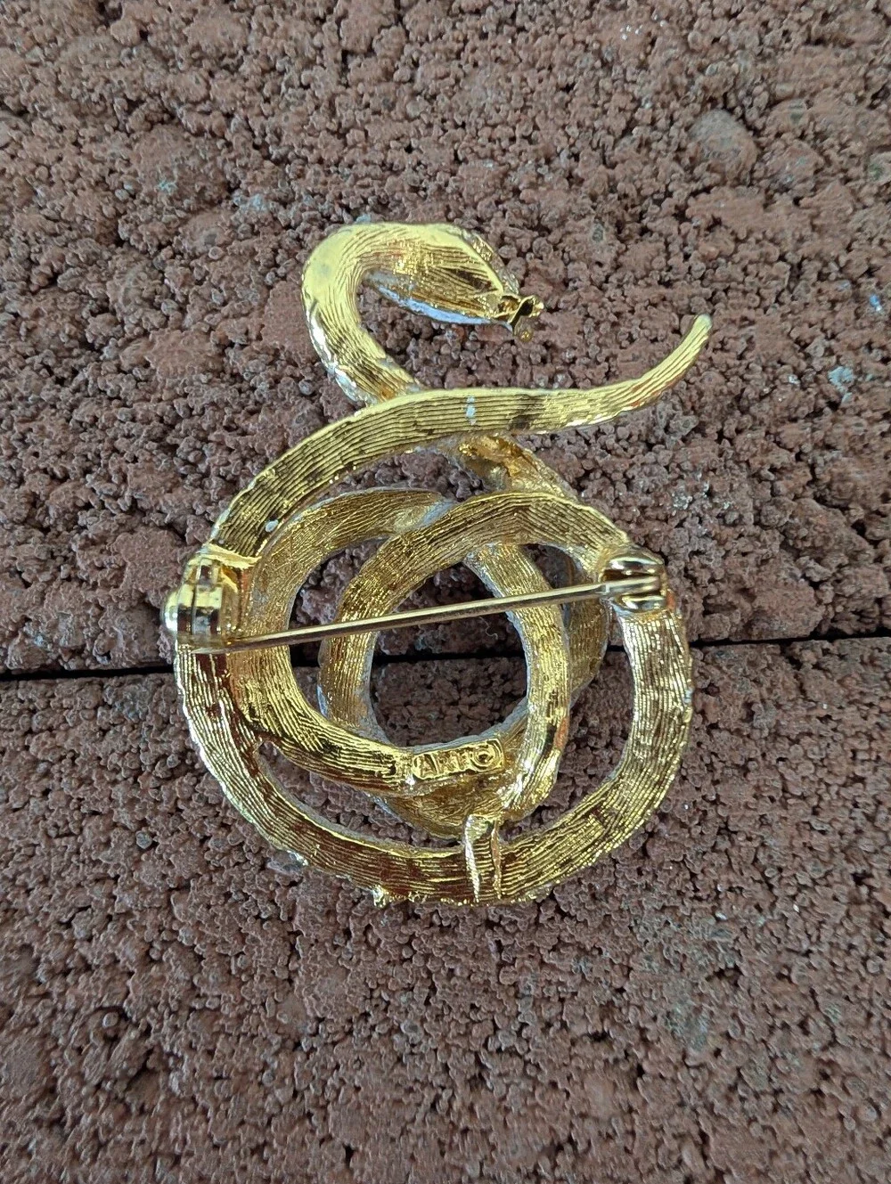 Vintage Brooch Snake Gold and White  Red Eyes Signed 